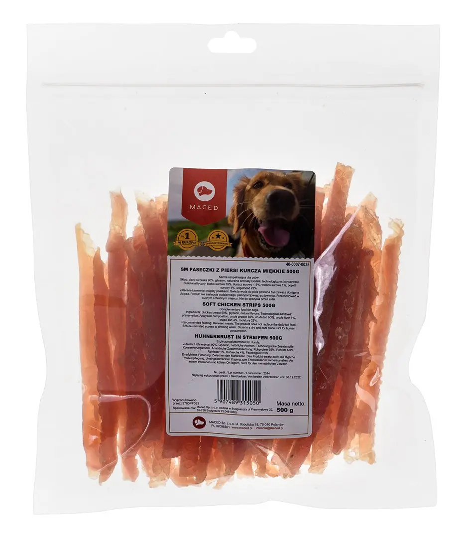 Psy | Pamlsky pre psa - MACED Dog przysmak - miękkie paski piersi kurczaka 500g